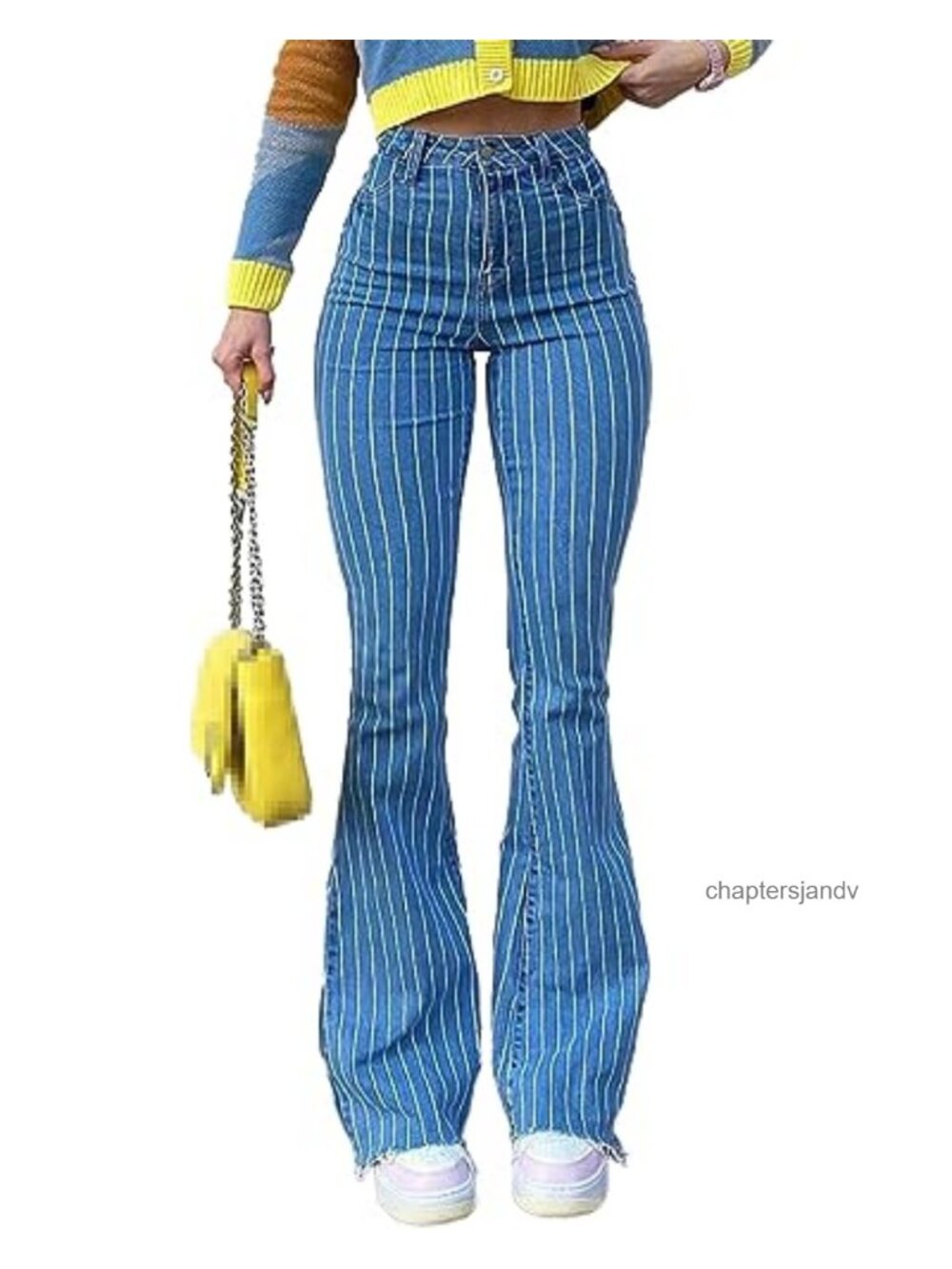 Women's High Waisted Striped Bell Bottom Flared Jeans Stretchy Frayed Hem
